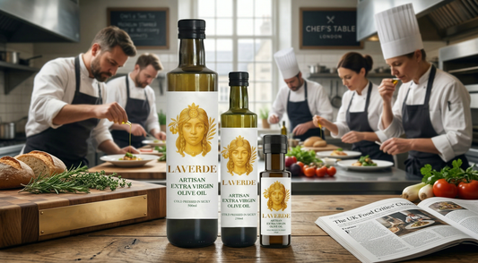Professional chef pouring premium Sicilian extra virgin olive oil over a plated dish — UK 2026 guide to what food experts and chefs actually use