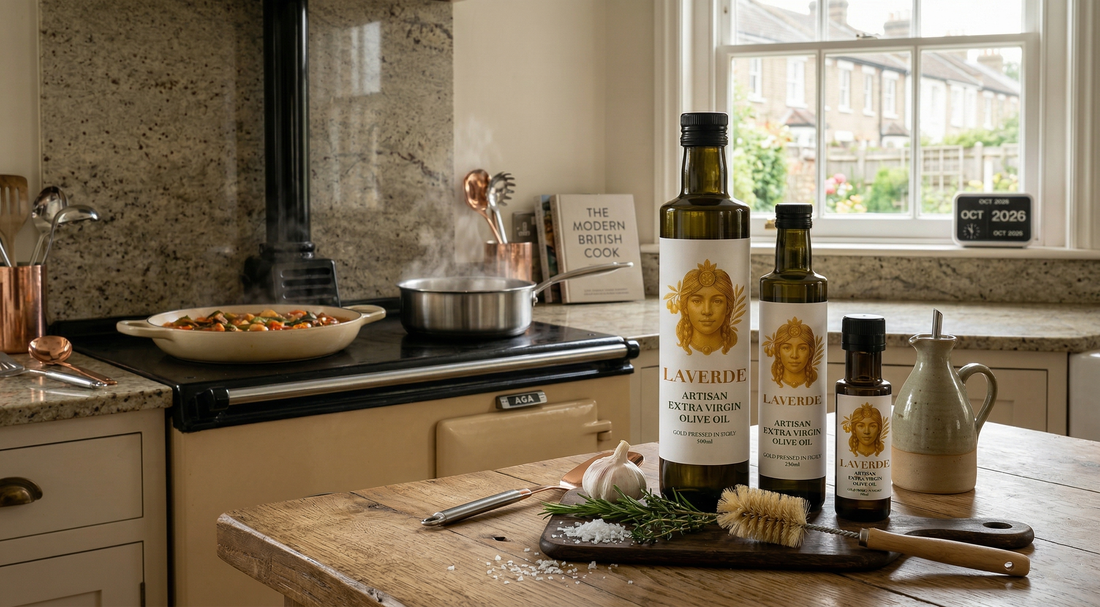 Cold-pressed Sicilian extra virgin olive oil being poured into a pan with vegetables — UK 2026 practical cooking guide for home cooks