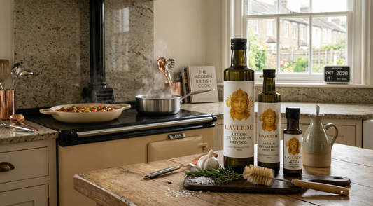 Cold-pressed Sicilian extra virgin olive oil being poured into a pan with vegetables — UK 2026 practical cooking guide for home cooks