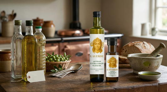 Premium artisan Sicilian EVOO bottle side by side with supermarket olive oil — UK buyer's comparison of who really wins on quality and value