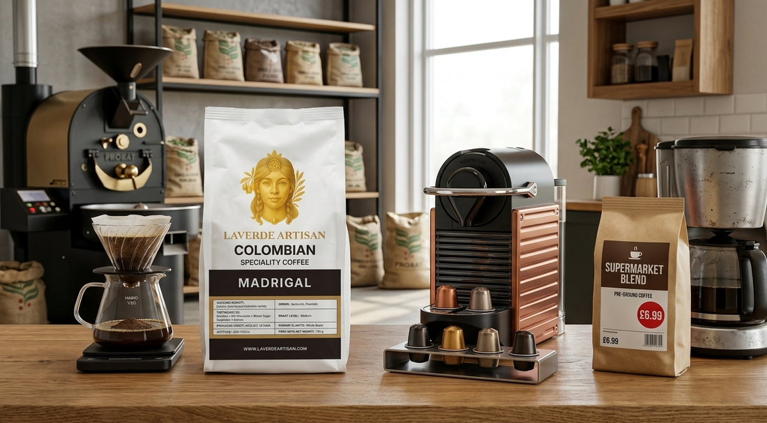 Premium specialty coffee whole beans alongside Nespresso pods and supermarket coffee — UK 2026 full comparison of coffee formats and quality