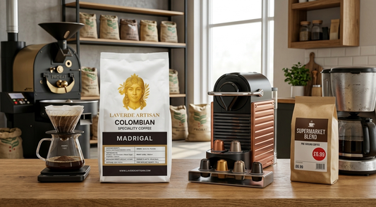 Premium specialty coffee whole beans alongside Nespresso pods and supermarket coffee — UK 2026 full comparison of coffee formats and quality