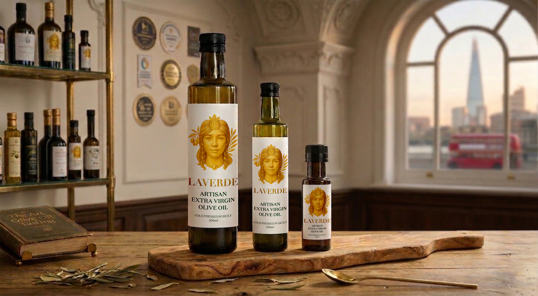 Premium artisan extra virgin olive oil bottle with London skyline — UK 2026 complete guide to buying premium EVOO in the capital