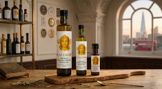 Premium artisan extra virgin olive oil bottle with London skyline — UK 2026 complete guide to buying premium EVOO in the capital