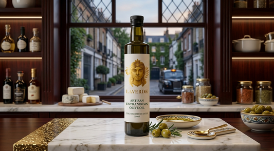 Artisan olive oil bottle on a London kitchen counter — UK 2026 story of how LAVERDE ARTISAN is leading the premium gourmet food scene