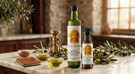 Cold-pressed olive oil pressing equipment alongside dark glass EVOO bottle — UK 2026 buyer's complete guide to what cold-pressed actually means