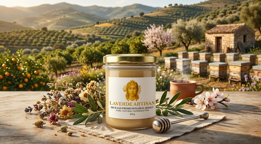 Raw Sicilian honey jar with wildflower meadows in the background — UK guide to why Sicilian honey is Europe's hidden artisan gem