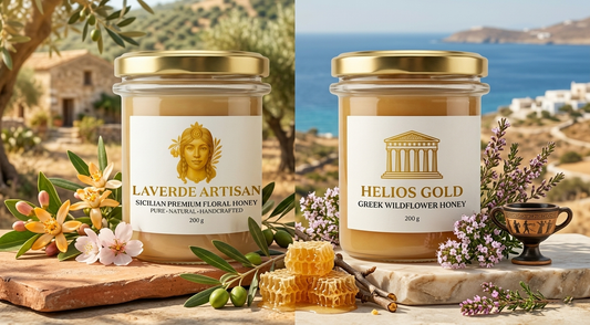Sicilian raw honey and Greek thyme honey jars compared side by side — UK 2026 buyer's guide to which Mediterranean raw honey to buy