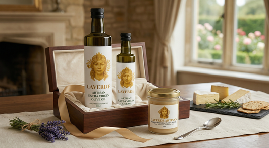 Premium artisan olive oil gift hamper with raw honey and specialty coffee — UK 2026 best gourmet food gifts for hosts and food lovers