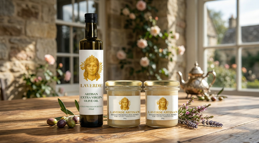 Artisan Sicilian olive oil and raw honey gift set on a wooden serving board — UK guide to why this pairing makes the perfect food gift