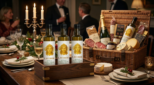 Premium olive oil gift set alongside a traditional UK food hamper — 2026 comparison of which makes the better present for any occasion