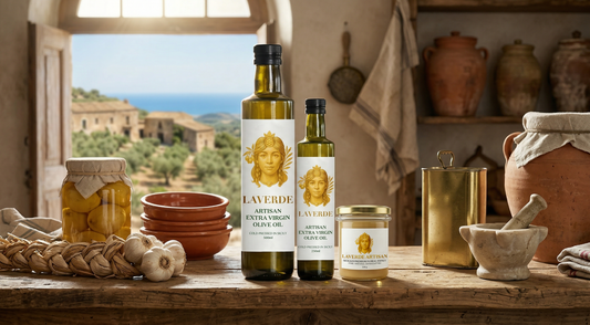 Sicilian pantry essentials including extra virgin olive oil, raw honey and black lentils on a kitchen shelf — UK guide to a Mediterranean home pantry