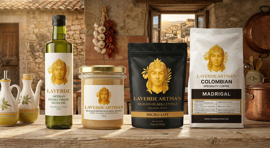 Four core Sicilian pantry products — EVOO, raw honey, black lentils and specialty coffee — UK food lover's essential 2026 shopping list