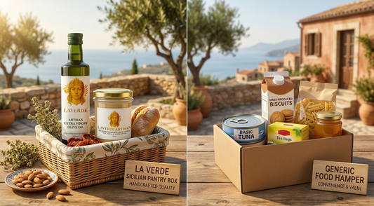 Curated Sicilian pantry gift box compared to a generic supermarket food hamper — UK 2026 value comparison for buyers and gift senders