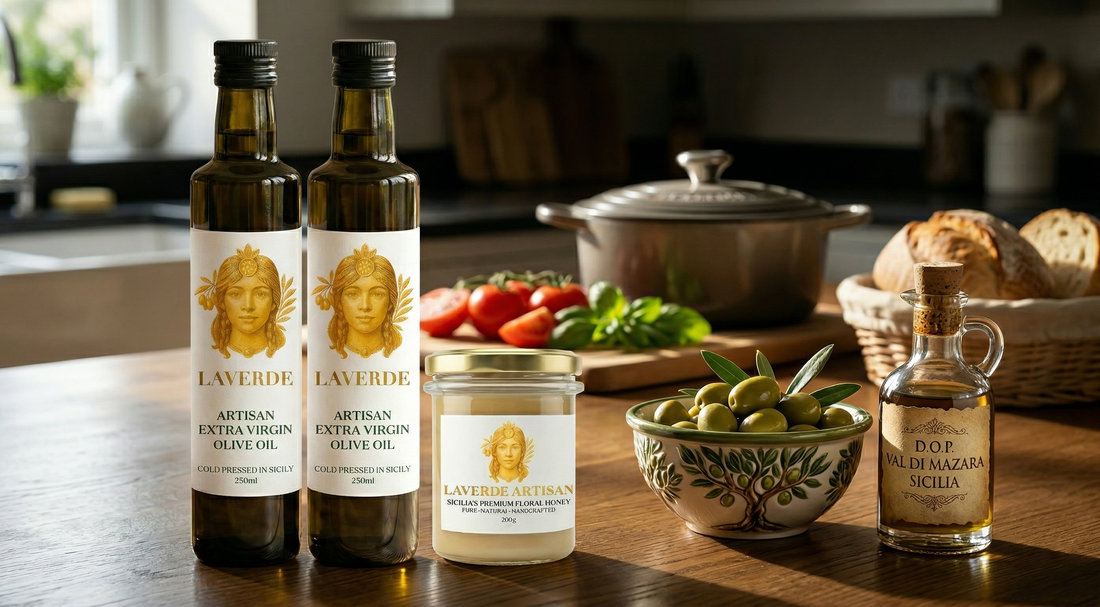 DOP-certified olive oil bottle alongside non-DOP single-estate EVOO — UK 2026 buyer's comparison of whether protected designation is worth it