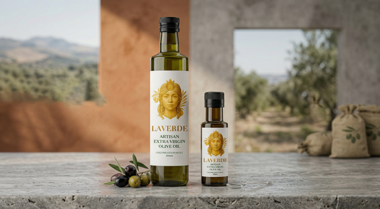 Olive oil label inspection close-up showing harvest date and cultivar — UK practical guide to telling if your olive oil is actually extra virgin