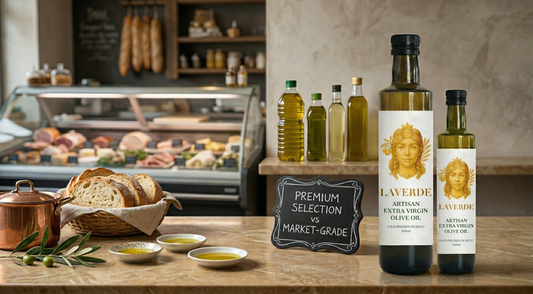 Premium Sicilian extra virgin olive oil bottle next to supermarket olive oil with price tags visible — UK 2026 honest price-per-quality comparison