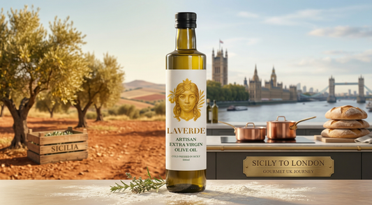 Sicilian olive oil bottles shipped from central Sicily arriving at a London location — UK story of the artisan olive oil that changed the gourmet standard