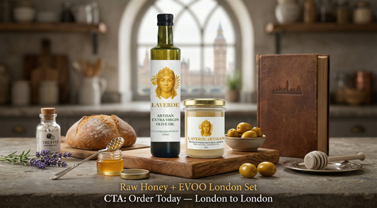 Artisan raw honey jar on a London kitchen counter with city backdrop — UK 2026 definitive guide to buying premium artisan honey in the capital