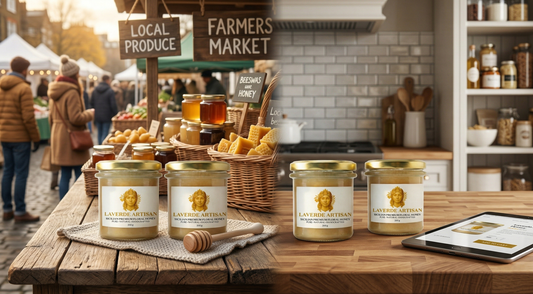 Raw honey jar at a London farmers market table compared with online direct delivery packaging — UK 2026 buyer's guide on which channel offers better value