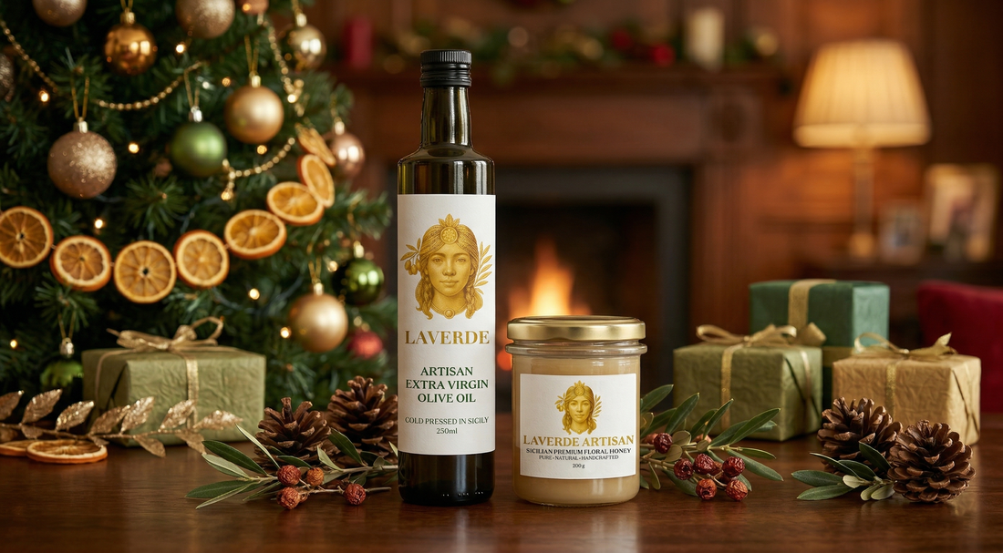 Premium Sicilian Christmas food gift set with extra virgin olive oil, raw honey and specialty coffee — UK 2026 guide to artisan hampers that stand out