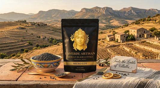 Heritage Villalba black lentils with the Sicilian town of Villalba in the background — UK guide to why this small Sicilian town produces premium heritage lentils