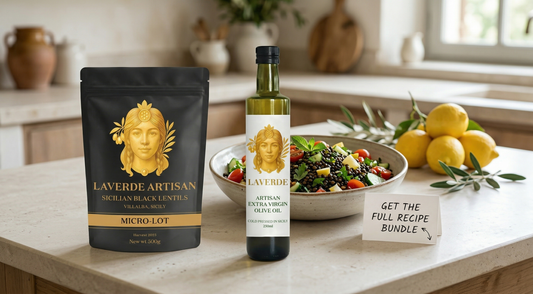 Sicilian beluga black lentil salad with extra virgin olive oil, lemon and fresh herbs — UK home cook's recipe guide for the perfect Mediterranean salad