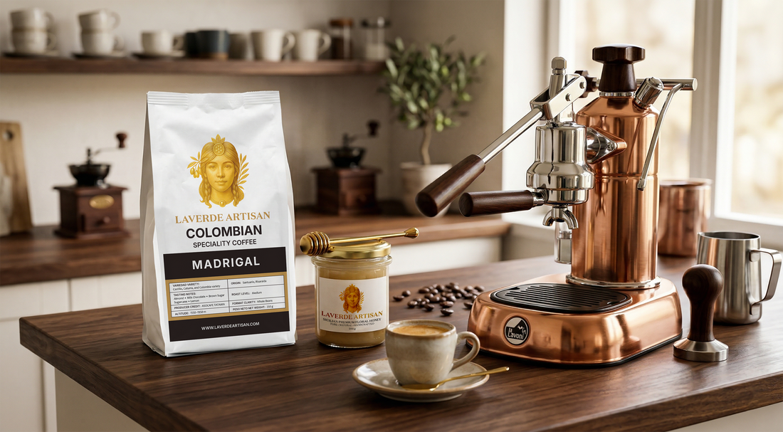 Specialty espresso shot being pulled at a home espresso machine — UK artisan guide to making perfect espresso coffee at home with single-origin beans
