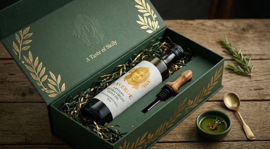 Premium Sicilian extra virgin olive oil bottle wrapped as a luxury edible gift — UK 2026 guide to why EVOO makes the best premium edible present