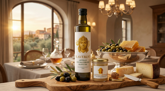 Sicilian olive oil gift set alongside an artisan cheese board with assorted cheeses — UK 2026 hostess gift comparison guide for dinner parties and gatherings