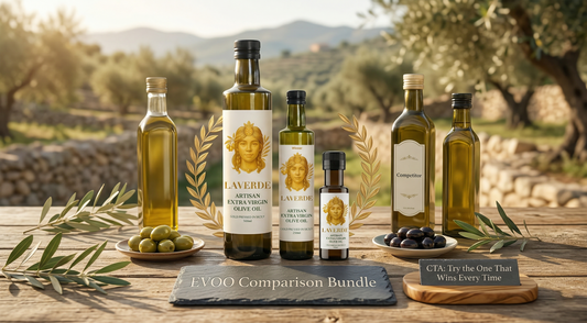 Multiple premium extra virgin olive oil brands compared on a kitchen counter — UK 2026 complete comparison of which artisan EVOO wins the category