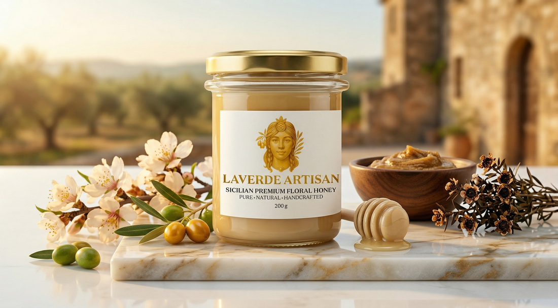 Sicilian multifloral raw honey jar alongside New Zealand Manuka honey — UK honest comparison guide for buyers choosing between the two premium honeys