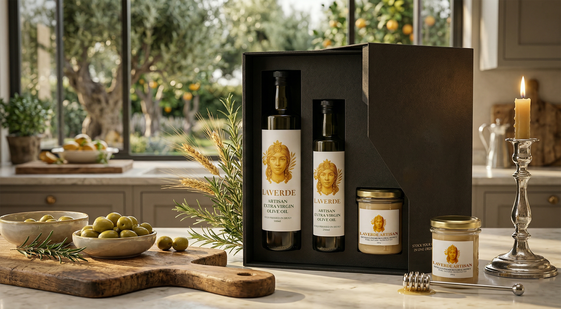 Premium Sicilian pantry staples including extra virgin olive oil and raw honey on a kitchen shelf — UK guide to why these two ingredients are non-negotiable