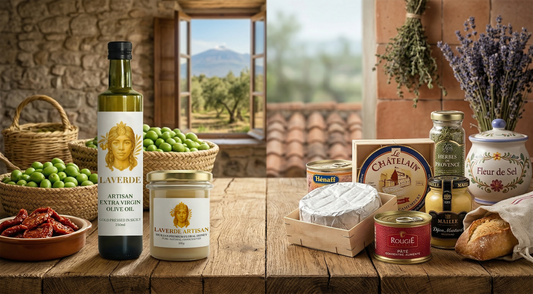 Sicilian artisan food products alongside French gourmet specialties — UK gourmet pantry comparison of which Mediterranean cuisine wins the everyday kitchen