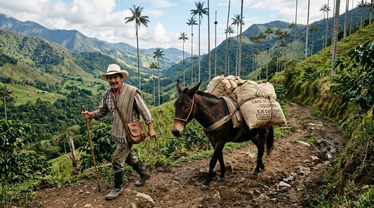 Colombian arriero in traditional dress carrying coffee bags through Risaralda mountains — LAVERDE Madrigal specialty coffee origin story for London