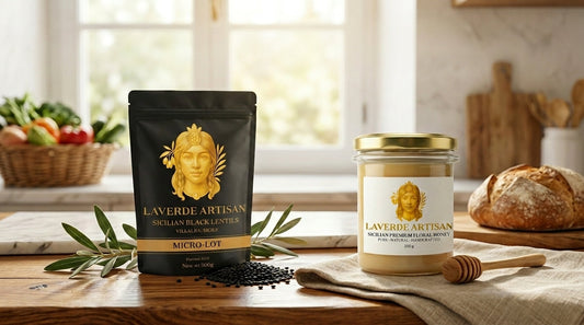Black Villalba Sicilian lentils nutritional arrangement on wooden surface — UK 2026 superfood guide to protein, iron and fibre content per serving