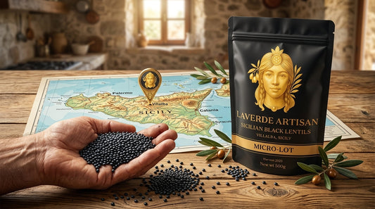 Heritage Sicilian black lentils from Villalba in an open canvas bag with a map of Sicily — UK guide to premium beluga-style lentils worldwide