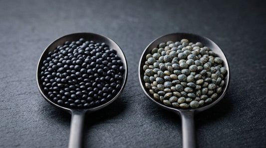 Sicilian Villalba black lentils alongside French Puy lentils in two bowls — UK cook's comparison of heritage European lentil varieties and flavour