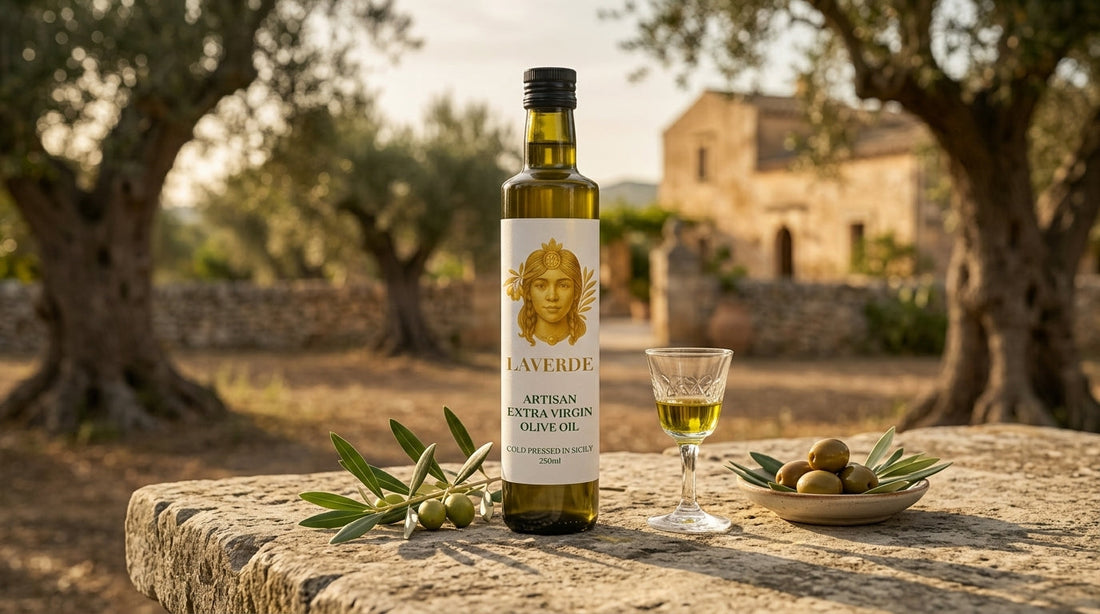 Premium single-estate Biancolilla EVOO bottle next to supermarket olive oil — comparison of artisan vs commercial extra virgin olive oil in the UK