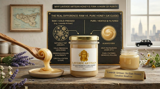 Raw unfiltered Sicilian honey jar alongside processed pure honey container — UK buyer's comparison of raw vs processed honey labels and quality