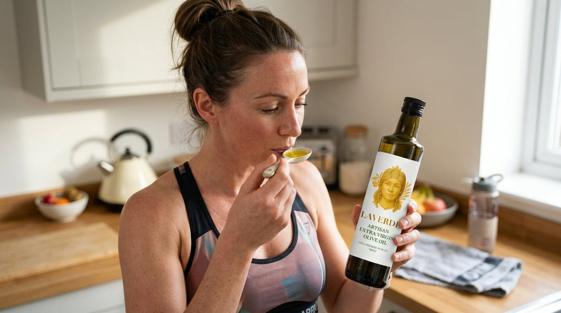 Woman taking a spoonful of premium extra virgin olive oil — UK 2026 science-based health benefits guide for Sicilian EVOO