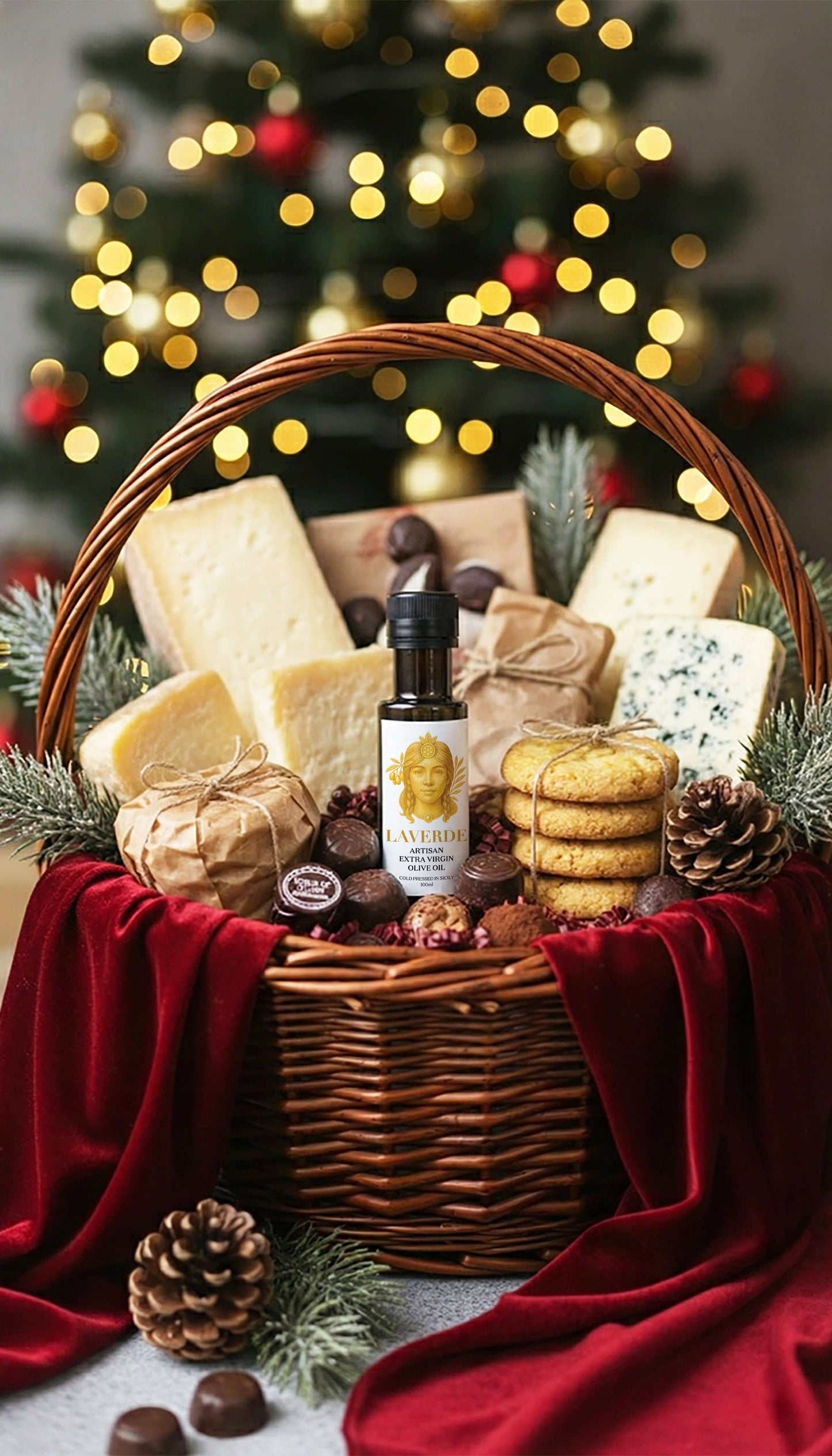 Mini Extra Virgin Olive Oil 100ml Christmas hamper set — Laverde Artisan Sicilian cold-pressed EVOO presented with festive decorations, premium gourmet holiday gift.