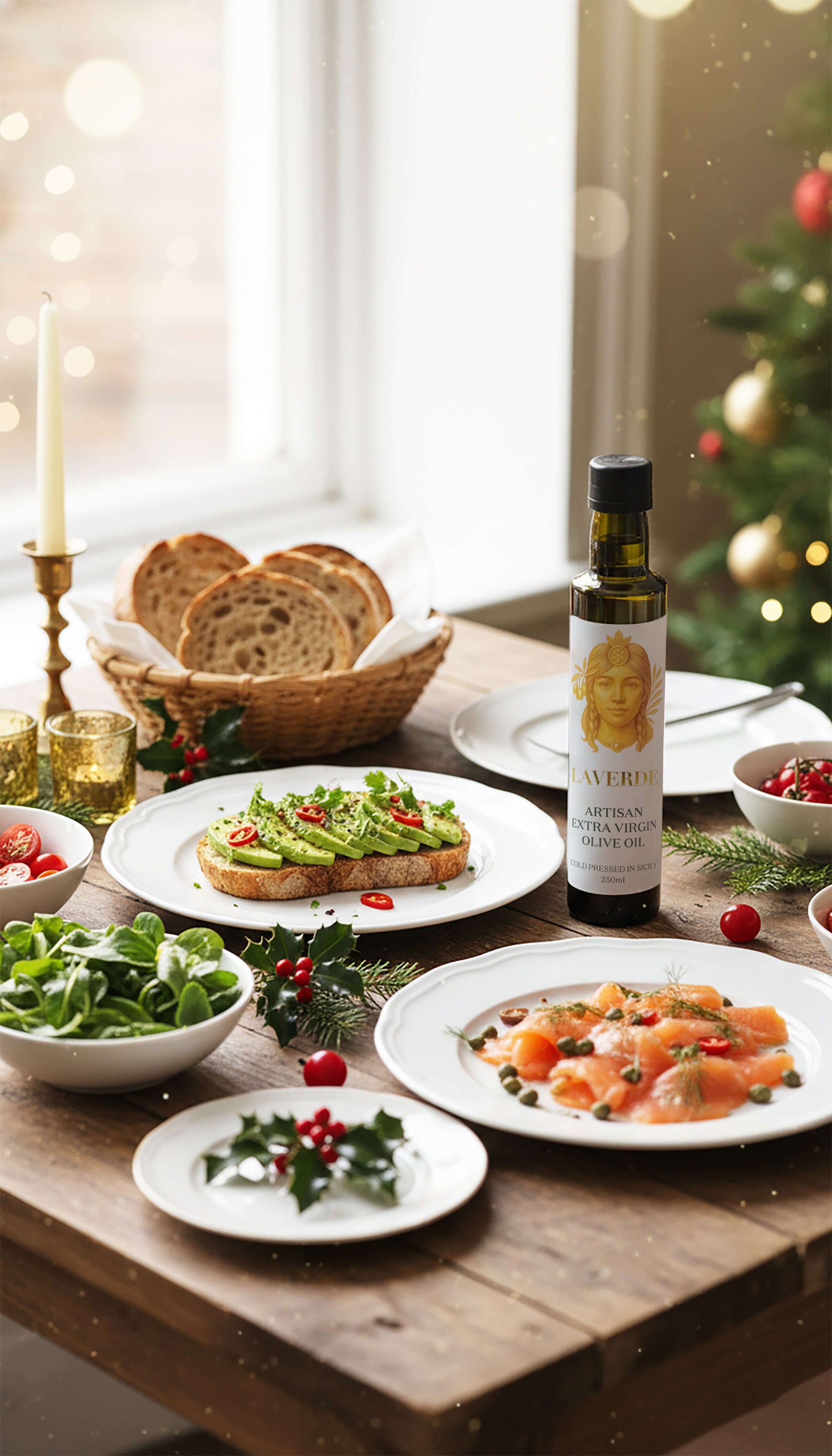 Sicilian Extra Virgin Olive Oil 250ml on a festive dining table — Laverde Artisan cold-pressed Sicilian EVOO served alongside bread, seasonal dishes and gourmet holiday food.