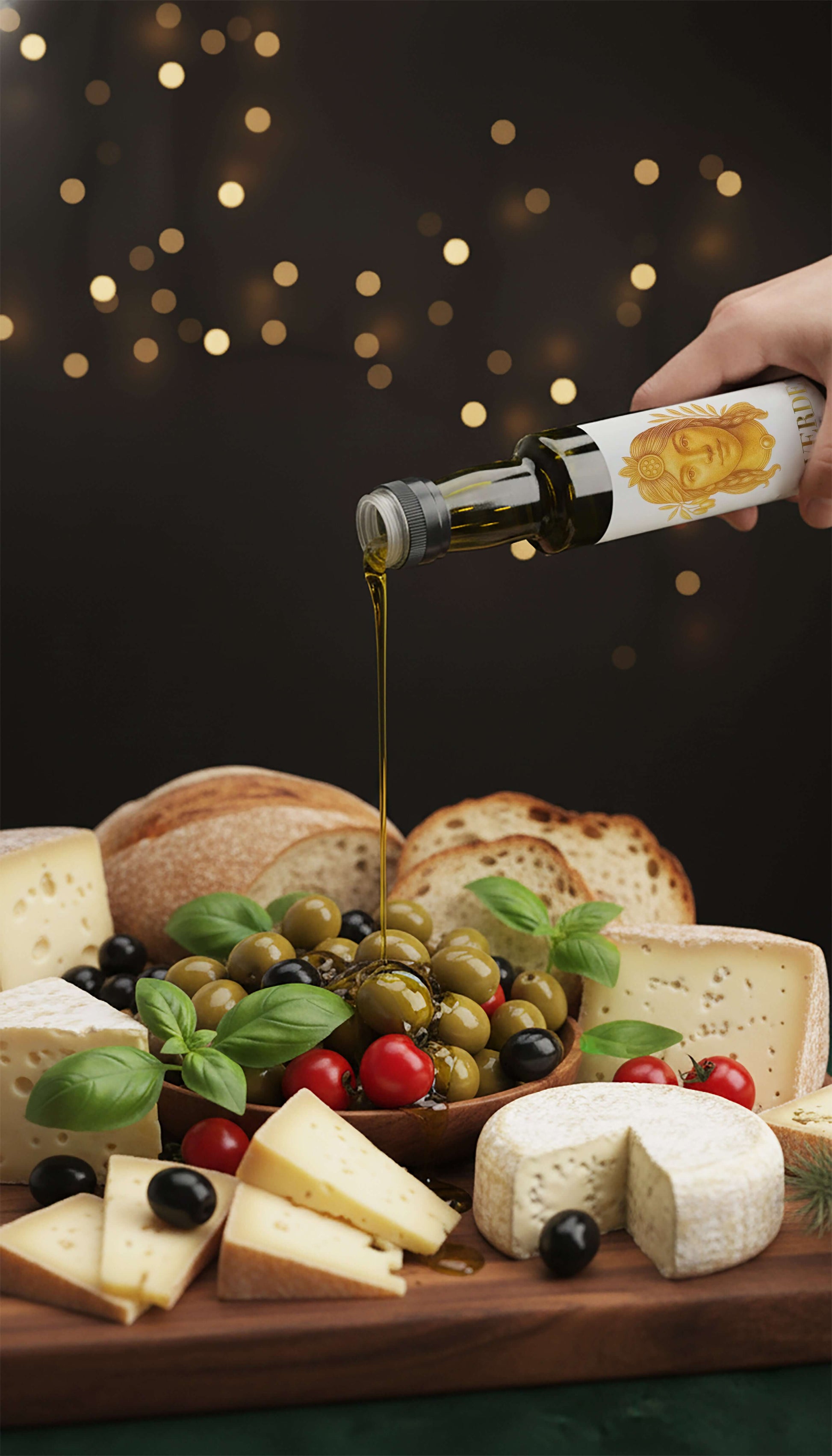 Sicilian Extra Virgin Olive Oil 250ml poured over a wooden platter with bread, cheeses and dried fruits — Laverde Artisan cold-pressed Sicilian EVOO for premium gourmet pairing.