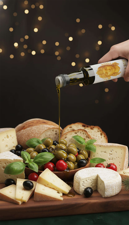 Sicilian Extra Virgin Olive Oil 250ml poured over a wooden platter with bread, cheeses and dried fruits — Laverde Artisan cold-pressed Sicilian EVOO for premium gourmet pairing.