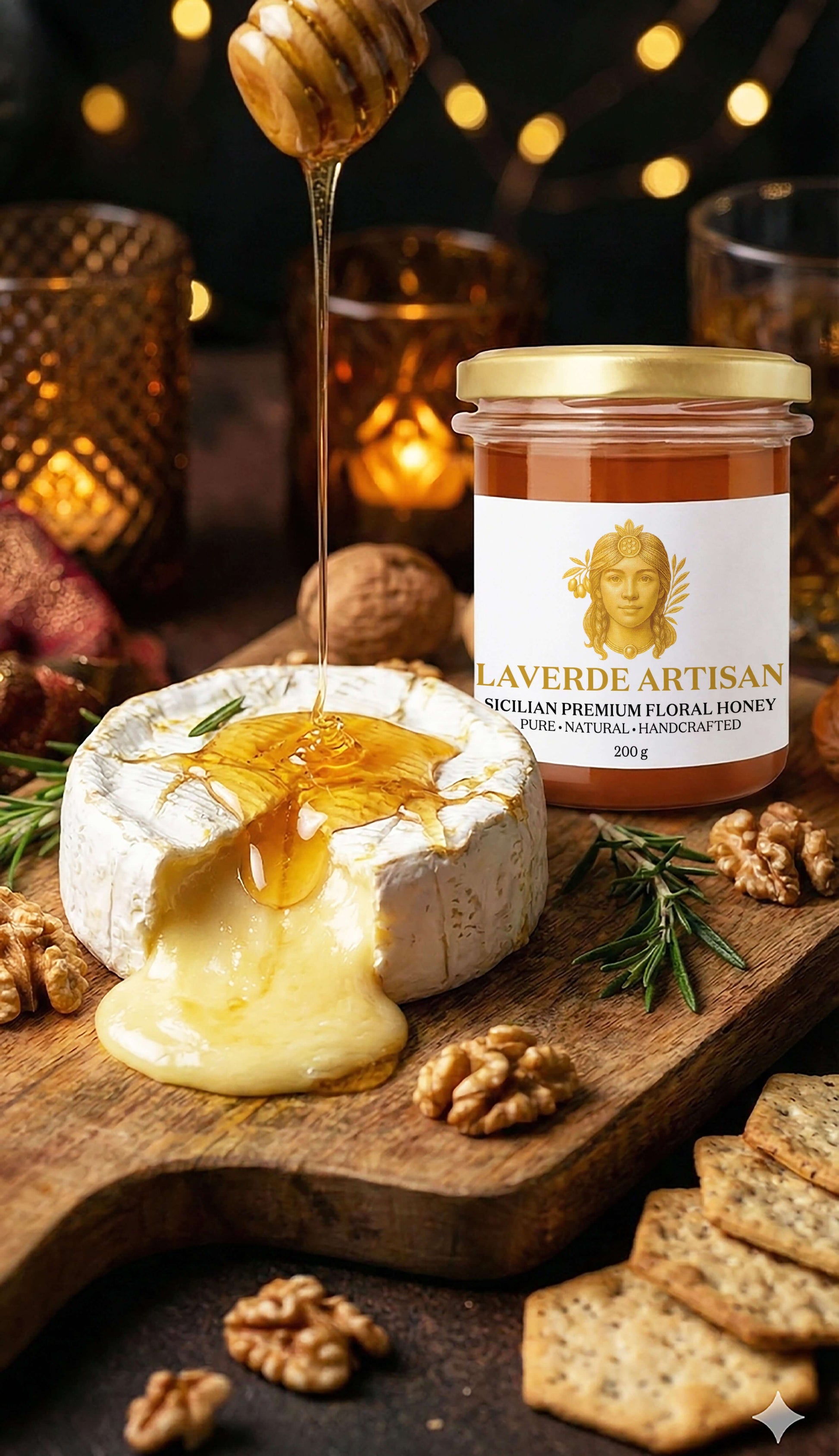 Raw Sicilian Honey 200g drizzled over cheese — Laverde Artisan pure unfiltered Sicilian honey served with bread, dried fruits and nuts on a gourmet table, perfect for festive cheese boards.