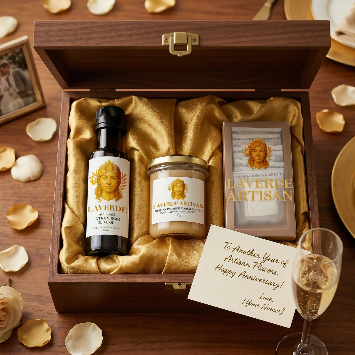 LAVERDE Welcome Pack green gift box detail — Sicilian extra virgin olive oil, raw Sicilian honey and Madrigal Colombian specialty coffee, premium gourmet welcome gift UK