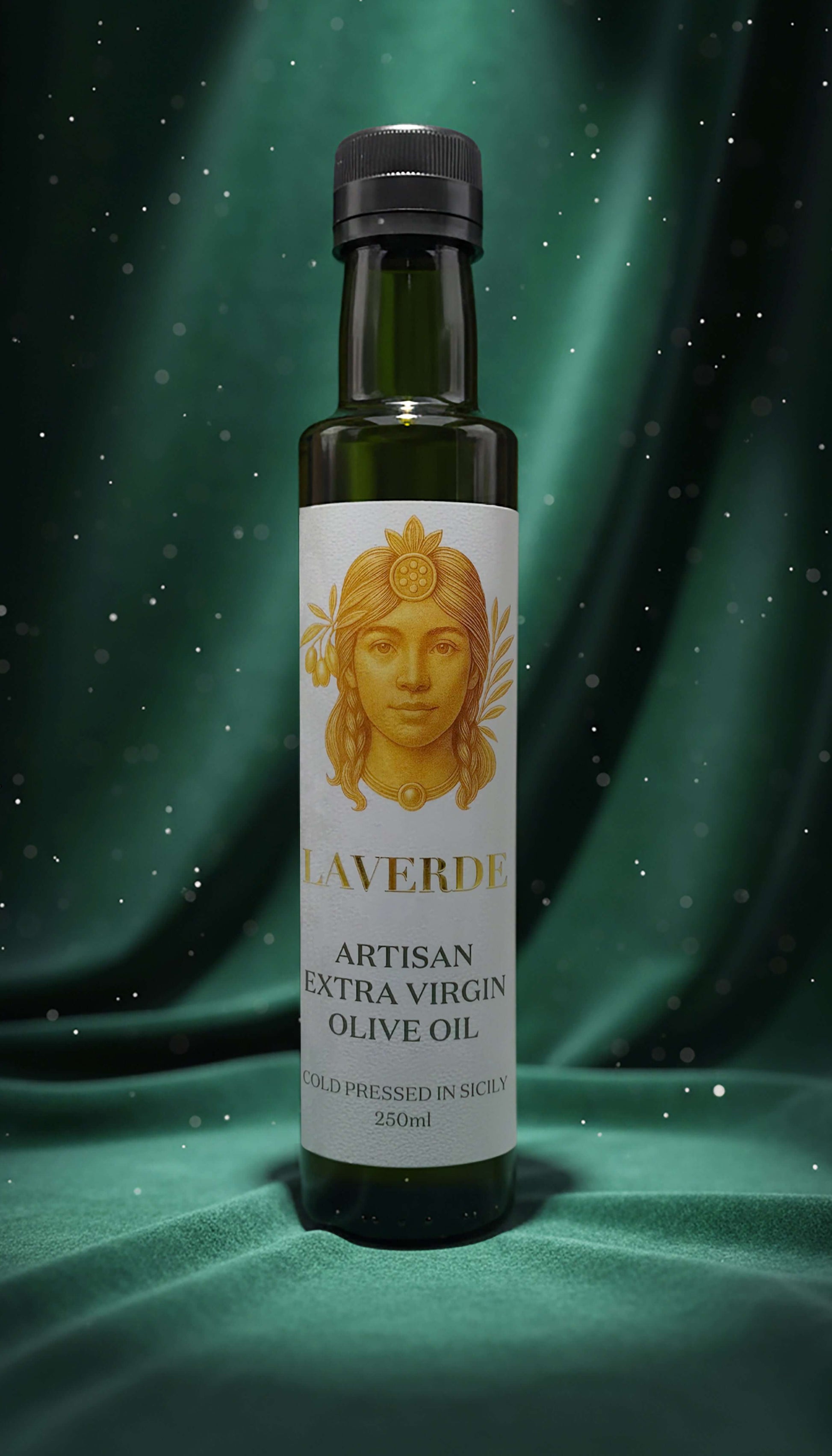 Sicilian Extra Virgin Olive Oil 250ml hero shot — Laverde Artisan cold-pressed single-estate Sicilian EVOO showcased against a luxury velvet backdrop, premium gourmet presentation.