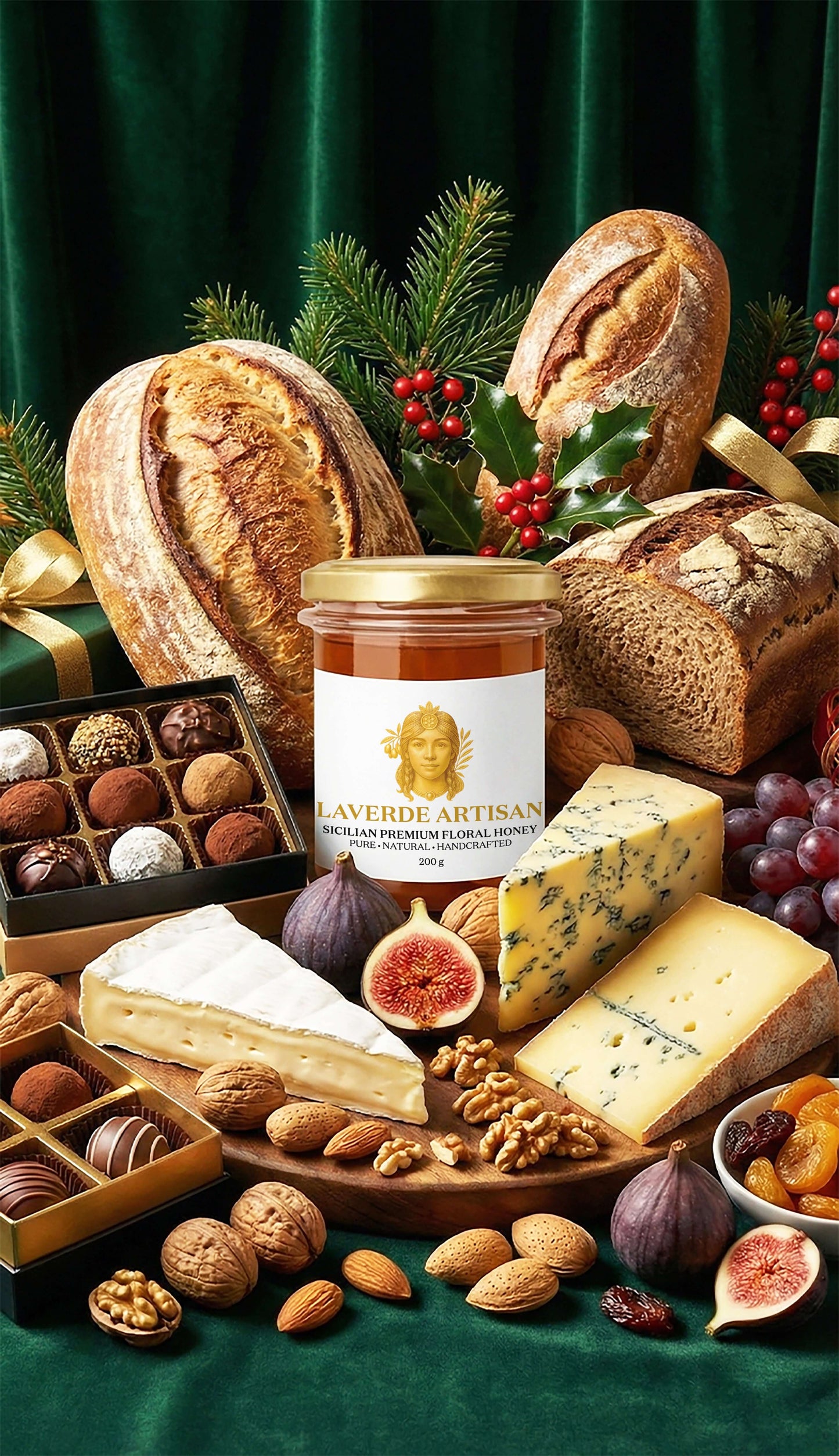 Raw Sicilian Honey 200g on a festive Christmas table — Laverde Artisan pure unfiltered Sicilian honey placed among bread, cheese and nuts, perfect for holiday cheese boards.