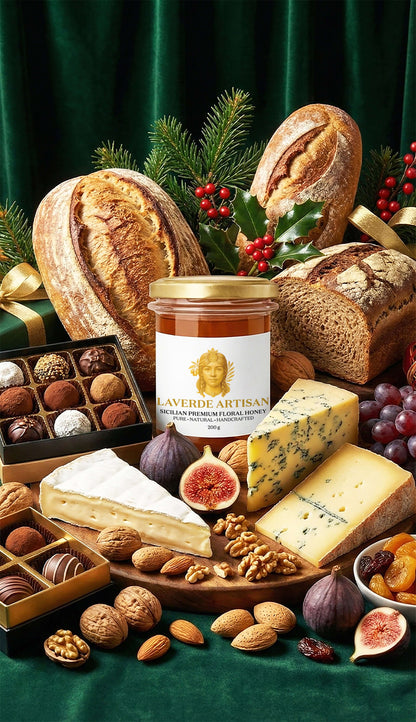 Raw Sicilian Honey 200g on a festive Christmas table — Laverde Artisan pure unfiltered Sicilian honey placed among bread, cheese and nuts, perfect for holiday cheese boards.